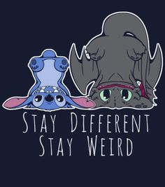 two cartoon animals with the words stay different, stay weird on their faces and one is staring