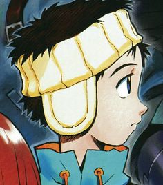 an animated image of a young boy wearing a helmet and looking at something in the distance