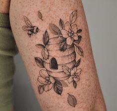 Small Bee Hive Tattoo, Honey Hive Tattoo, Honey Bee Flower Tattoo, Bee Tattoos With Flowers, Beehive Tattoo Ideas, Bee And Honey Tattoo, Bee Hive Tattoos, Honeycomb And Bee Tattoo, Bee Arm Tattoo