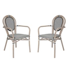 two chairs that are sitting next to each other on a white background with black and white stripes