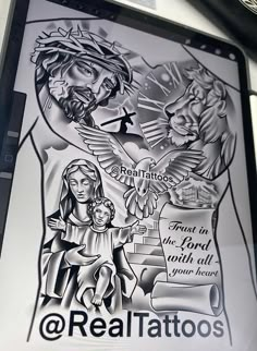 an image of jesus and mary on the back of a cell phone with text that reads real tattoos