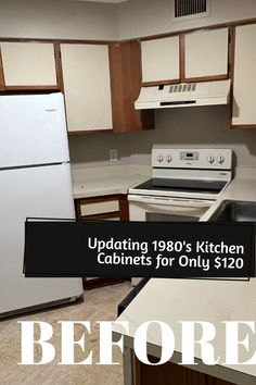 an empty kitchen with white appliances and brown cupboards is featured in this advert