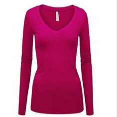 Long Sleeve V-Neck Pullover Lightweight Sweater Top Colors: Fuchsia, Purple Long Top Dress, Light Pink Shirt, Fuchsia Purple, Scoop Neck Blouses, Blue Long Sleeve Shirt, Color Story, Tie Dye Long Sleeve, Green Long Sleeve, Fitted Top