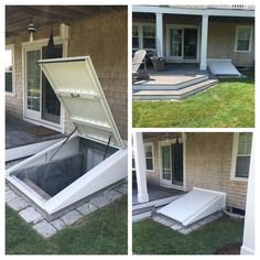 an open box sitting on top of a lawn next to a house with steps leading up to it