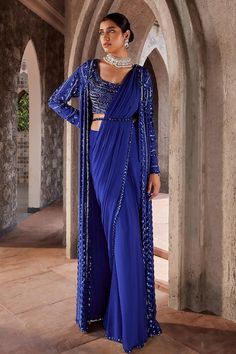 Buy Blue Silk Embroidery Sequin Jalsa Border Pre-draped Saree Set With For Women by Nidhika Shekhar Online at Aza Fashions. Sequin Cape, Embroidered Cape, Open Blouse, Full Sleeve Blouse, Long Cape, Padded Blouse, Ankle Jewelry, Embroidered Belt