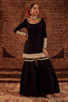 Buy Black Kurta And Sharara Pure Chanderi Embellished Lace Sultana Set For Women by Roze Online at Aza Fashions.