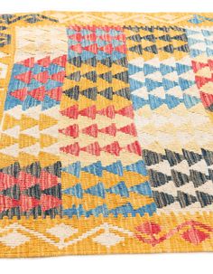 an area rug with multicolored geometric designs on the side and bottom, in various colors