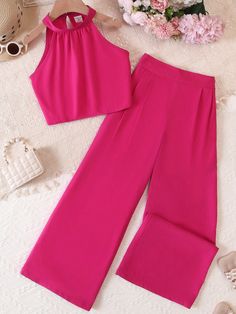 Hot Pink Casual Collar Sleeveless  Plain  Embellished Non-Stretch  Tween Girls Clothing Plazo Top, Magenta Fashion, Shein Kids, Fashion Terms, Top Halter, Easy Trendy Outfits, Eid Collection