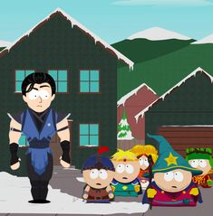 the south park characters are standing in front of a house with snow on the ground