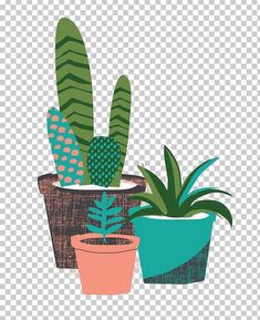 three potted plants with different colors and designs on them, one green plant in the middle