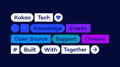 some type of text that is on top of a dark blue and purple background with the words kakao, knowledge, events, open source support, but with together