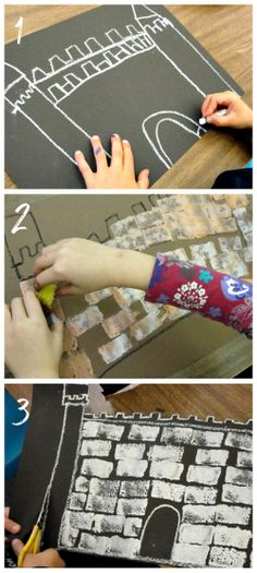 kids are making a brick house out of cardboard and construction paper with chalk on it