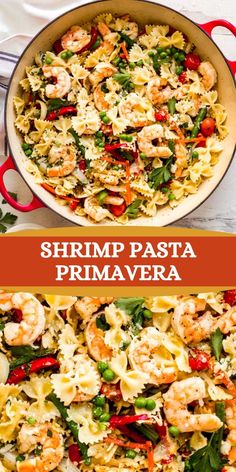 shrimp pasta prima veggie in a red skillet with the title above it