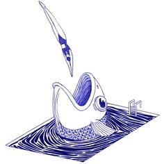 a blue and white drawing of a bird with a knife in it's beak