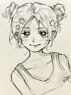 a drawing of a girl with long hair and big eyes, wearing a topknot