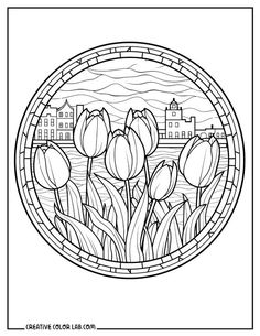 Coloring Pages for Adults Window Coloring Page, April Colors, Activity Pages For Kids Free Printables, Coloring Sheets For Toddlers, Zen Coloring Pages, Dutch Tulips, Springtime Crafts, Activity Pages For Kids, Coloring Patterns