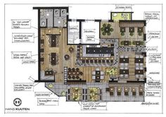 a drawing of a restaurant floor plan with seating areas and kitchen design details on it