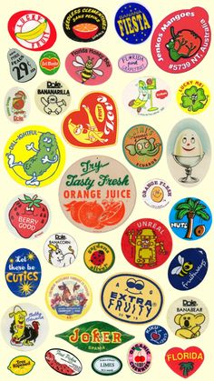 an assortment of orange juice stickers on a white background