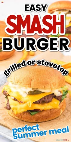 an advertisement for a burger restaurant with the title easy smash burgerer grilled or stoved