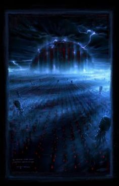 an image of a sci - fi scene with red lights in the sky and clouds