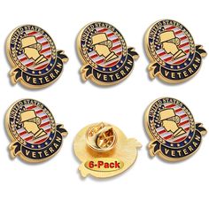 four badges with the words 6 pack and an american flag pin on top of them