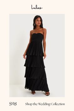 Sweeping everyone off their feet is so easy when you have a romantic look like the Lulus Seriously Sensational Black Strapless Tiered Maxi Dress! Lightweight pleated woven chiffon shapes this flirty dress that features a strapless bodice (with hidden no-slip strips) and a sweetheart neckline. The high, fitted waist tops a figure-skimming, tiered skirt that cascades down to a maxi hem. Hidden back zipper/clasp. Fit: This garment fits true to size. Length: Floor length. Size medium measures 52.5" Tiered Pleated Maxi Dress For Party, Pleated Tiered Maxi Dress For Party, Strapless Pleated Maxi Dress For Night Out, Hoco Inspo, Maxi Dress Strapless, Trip Outfit, Lulu Fashion, Cute Prom Dresses, Flirty Dresses