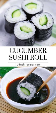 sushi rolls with cucumber on top and sauce in the middle