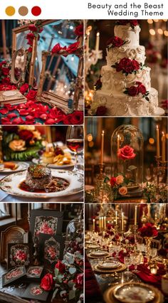 a collage of photos with red roses and gold accents