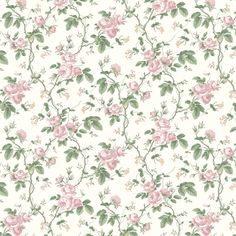 a white wallpaper with pink flowers and green leaves on the bottom half of it