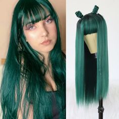 43203537436719 Dark Green Wig, Green Wigs, Long Straight Wig, Ombre Green, Bangs Straight, Green Wig, Hair Dark, Halloween Wigs, Hair Appointment