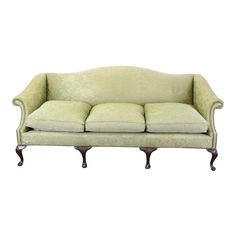 Queen Anne Style Mahogany Camelback Sofa, upholstered in deep celadon silk brocade 34" H × 76" W × 39" D Antique Camelback Sofa, Queen Anne Living Room, Camelback Sofa, Queen Anne Furniture, Queen Anne Style, Silk Brocade, Traditional Interior, Upholstered Sofa, Queen Anne