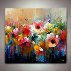 an abstract painting with flowers painted on the canvas in different colors and sizes is shown