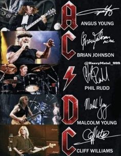 the poster for ac dc's concert with their signature band members, from left to right