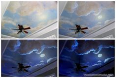 four different views of the ceiling in a room with clouds and a plane painted on it