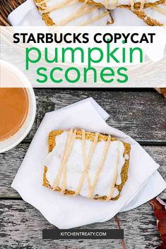 starbucks copycat pumpkin scones with white icing and maple leaves on the table