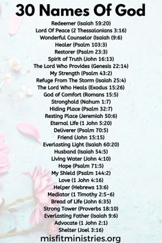 the 30 names of god on a blue background with pink flowers