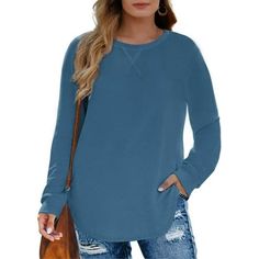 Fantaslook Oversized Sweatshirts for Women Crewneck Tunic Tops Casual Long Sleeve Shirts This plus size sweatshirts for women use skin-friendly soft fabric comfortable to wear. Womens sweatshirt features crewneck, long sleeve, pullover, tunic tops, oversized sweatshirts, curved hem, loose fit style. It is a basic tops to add to your wardrobe in fall and winter, offering a loose fit and long sleeves for a cozy and relaxed feel. You will never out of style for this crewneck sweatshirts, making the Blue Crew Neck Comfortable Tops, Comfortable Blue Crew Neck Tops, Casual Solid Color Blouse For Fall, Fall Crew Neck Plain Blouse, Fall Plain Crew Neck Blouse, Fall Season Plain Crew Neck Blouse, Casual Long Sleeve Plain Blouse, Blue Solid Color Crew Neck Blouse, Casual Plain Long Sleeve Blouse