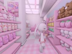 a cartoon character standing in front of shelves filled with stuffed animals