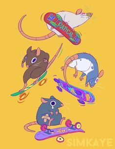 three cartoon mouses are riding skateboards and one rat is on a skateboard