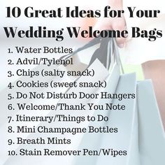 a person holding shopping bags with the words 10 great ideas for your wedding welcome bags