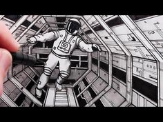 a drawing of an astronaut in a space station, with his hand holding a marker