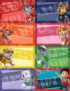 the paw patrol name tags are shown in different colors and sizes, including one for each pup