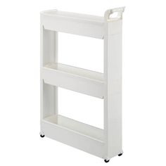 a white shelf with two shelves on each side and wheels for storing items in the same room