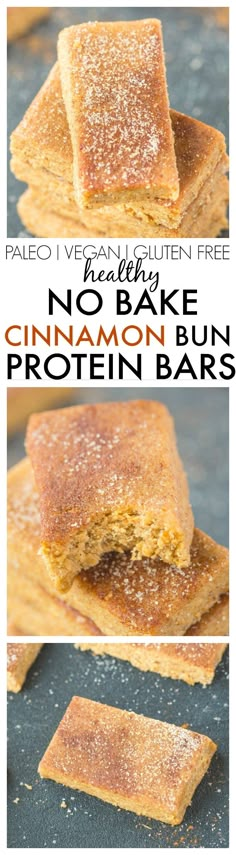 no bake cinnamon bun protein bars are stacked on top of each other