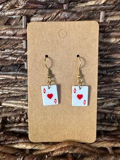 Playing Card earrings.  18K Gold Plated fish hook earwire.  Nickel Free. Fish Hook, Playing Cards, 18k Gold, Jewelry Earrings Dangle, Etsy Earrings, Gold Plate, Dangle Drop Earrings, Dangle Earrings, Plating