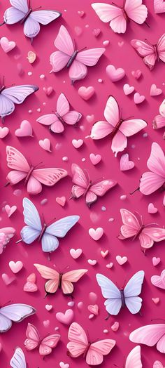 many pink and white butterflies flying in the air with hearts floating around them on a pink background