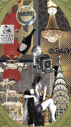 collage of art deco images with women in the background