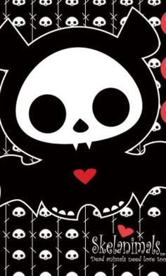 a black and white poster with skulls on the bottom, hearts in the middle and a bat