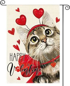 a happy valentine card with a cat wearing a red headband