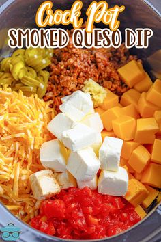 the ingredients for crock pot smoked queso dip in a bowl with text overlay